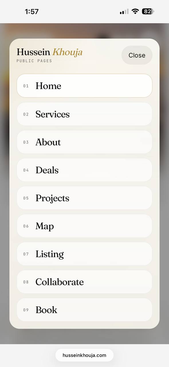 Hussein Khouja portfolio navigation with services, deals, projects, and booking